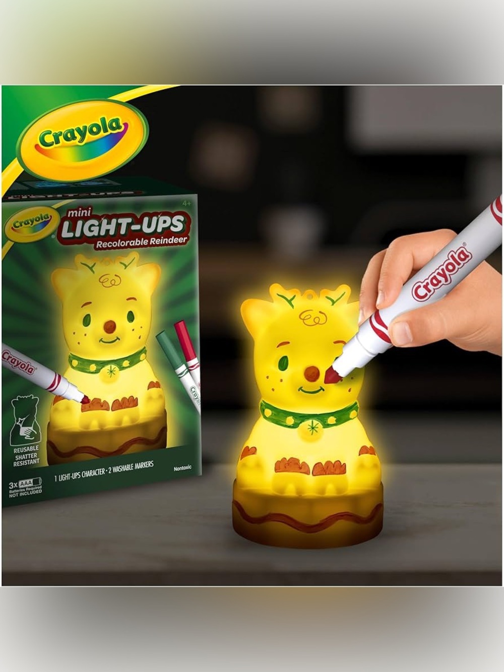 New Crayola Light-Ups Mini Reindeer, a recolorable, light-up holiday toy